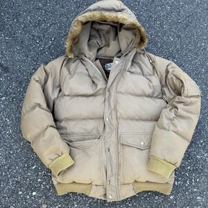 Vintage UTEX Hooded Puffer Jacket Faux Fur Trim Tan Brown Size 38